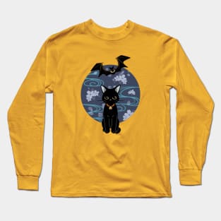 Flyingfox And Black Cat With Cherry Blossom Long Sleeve T-Shirt